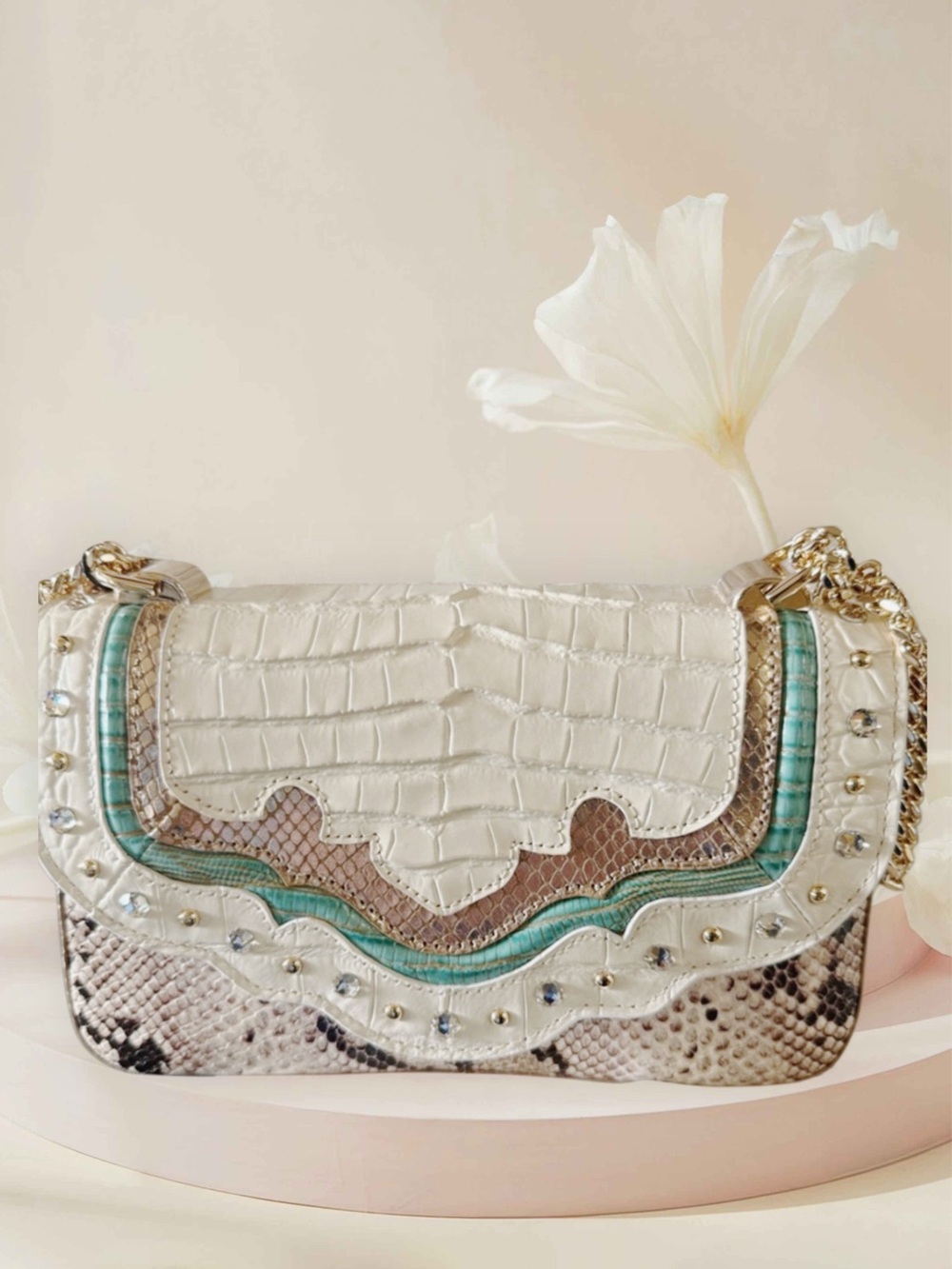Brahmin NWT Leather Cream Croc-Embossed Convertible Bag w Teal & Brown Accents